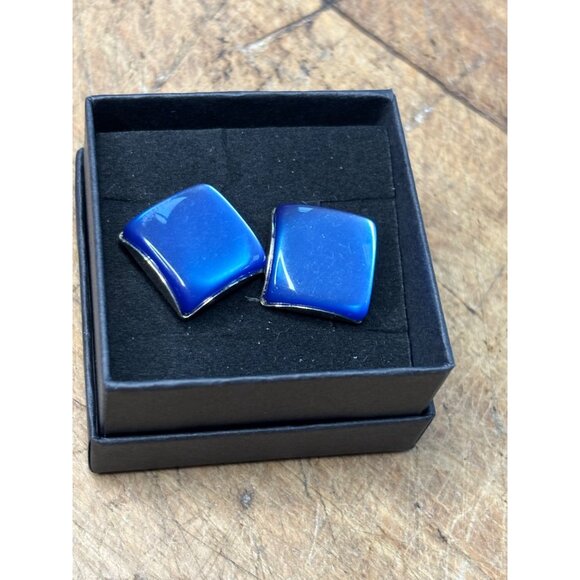 Vintage Blue Moonglow glass Enamel & Silver-Tone Square Cufflinks For Men - Picture 9 of 9